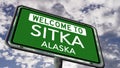 Welcome to Sitka Alaska, US City Road Sign Close Up. Realistic 3D Animation