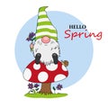 Welcome to spring cartoon. Cute gnome sitting on top of a mushroom