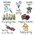 Welcome to spring set. First flowers, birds, lettering, Easter, birdhouse Royalty Free Stock Photo