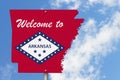 Welcome to the state of Arkansas road sign in the shape of the state map with the flag Royalty Free Stock Photo