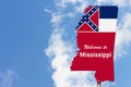 Welcome to the state of Mississippi road sign in the shape of the state map with the flag Royalty Free Stock Photo