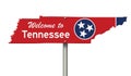 Welcome to the state of Tennessee road sign in the shape of the state map with the flag