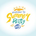 Welcome to Summer Party 2019. Vector thematic logo in bright yellow, orange, and turquoise colors.