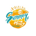Welcome to Summer Party 2019. Vector thematic logo in bright yellow, orange, and turquoise colors.