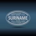 Welcome to Suriname. Gray stamp icons on blue