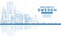 Welcome to Sweden. Outline City Skyline with Blue Buildings and Reflections