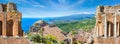 Panoramic collage with ancient Greek theatre and Church of Madonna della Rocca in Taormina, Sicily, Italy Royalty Free Stock Photo