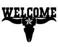 Welcome to Texas sign. Vector black graphic illustration with bull skull and text isolated on white