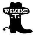 Welcome to Texas vector black graphic sign illustration with cowboy boot sihouette and western hat isolated on white