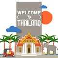 Welcome to Thailand banner. Traditions, culture of country. Ancient memorials, buildings, nature and animals such as