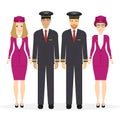 Welcome to travel by plane. Pilot, capitan, flying attendants, air hostess. Vector illustration cartoon character