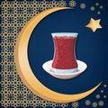 Welcome to Turkey greeting card template with traditional turkish tea glass, oriental decoration, moon, star over blue. Royalty Free Stock Photo