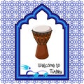 Welcome to Turkey greeting card template with turkish drum, eastern ornament window and text .