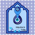 Welcome to Turkey greeting cart template with turkish traditional glass amulet boncuk, evil eye