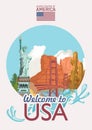 Welcome to USA label. United States of America poster with american sightseeings in retro style. Vector illustration about travel