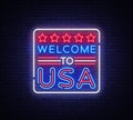 Welcome to USA neon vector sign. Welcome to USA symbol banner light, bright night Illustration. Vector illustration Royalty Free Stock Photo