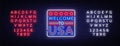 Welcome to USA neon vector sign. Welcome to USA symbol banner light, bright night Illustration. Vector illustration Royalty Free Stock Photo