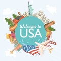 Welcome to USA. United States of America greeting card with circle shape. Vector illustration about travel