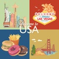Welcome to USA. United States of America greeting card set. Vector illustration about travel