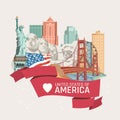 Welcome to USA. United States of America greeting card. Vector illustration about travel