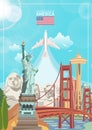 Welcome to USA. United States of America poster with american sightseeings and airplane. Vector illustration about travel