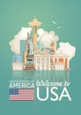 Welcome to USA. United States of America poster with american sightseeings with mirror effect. Vector illustration about travel Royalty Free Stock Photo