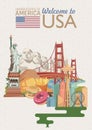 Welcome to USA. United States of America poster with american sightseeings in retro style. Vector illustration about travel