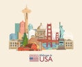 Welcome to USA. United States of America poster with american sightseeings. Vector illustration about travel