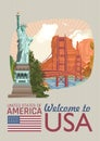 Welcome to USA. United States of America poster with american sightseeings in vintage style. Vector illustration about travel
