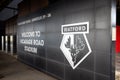 Welcome to Vicarage Road Stadium sign at the Rockery Stand Turnstiles of Watford Football Club