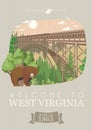 Welcome to West Virginia travel banner with bear. Mountain state. USA colorful poster with map