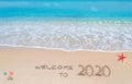 Welcome to 2020 written on a tropical beach Royalty Free Stock Photo