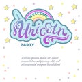 Welcome Unicorn party lettering as logotype, badge, patch and icon