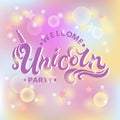 Welcome Unicorn Party text isolated on pastel colored background.