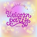 Welcome Unicorn Party text isolated on pastel colored background.