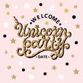 Welcome Unicorn Party text isolated on pink background.