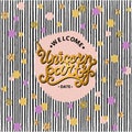 Welcome Unicorn Party text isolated on stripped background.