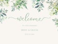 Welcome wedding sign. Calligraphy with green watercolor botanical leaves. Abstract floral art background vector design