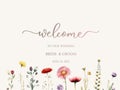 Welcome wedding sign. Calligraphy with watercolor wild herbs and flowers. Abstract floral art background vector design