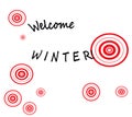 Welcome winter greeting card. White background with red swirl shapes. Happy, positive, cheerful mood.