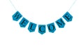 Welcome word. Black letters on blue bunting banner against white