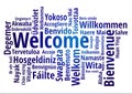 WELCOME word cloud in different languages, concept blue low poly background