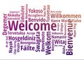 WELCOME word cloud in different languages, concept purple low poly background