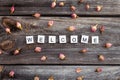 Welcome word is made of bright wood cubes on a dark wooden background