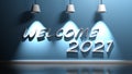 Welcome 2021 write at blue wall with lamps - 3D rendering illustration