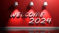 Welcome 2024 write at red wall with lamps - 3D rendering illustration Royalty Free Stock Photo