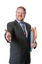 Welcoming businessman with folders - on white Royalty Free Stock Photo