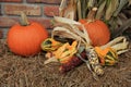Welcoming display of pumpkins,squash and Indian Corn