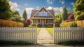 a welcoming home with a beautiful new wooden fence surrounding the house on a bright and sunny day. The exterior of your Royalty Free Stock Photo