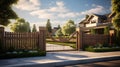 a welcoming home with a beautiful new wooden fence surrounding the house on a bright and sunny day. The exterior of your Royalty Free Stock Photo